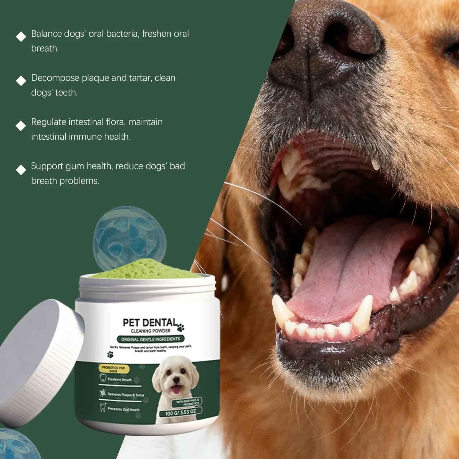 100G Dog Tooth Powder Freshen Breath Natural Plaque Tartar Remover Probiotic Teeth Cleaning Dental Care for Puppy Small Large